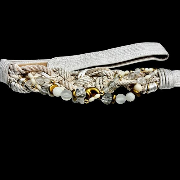 Vintage 80s Ivory Braided Rope Beaded Belt | Gold & Clear Statement Waist Cinch main image 10